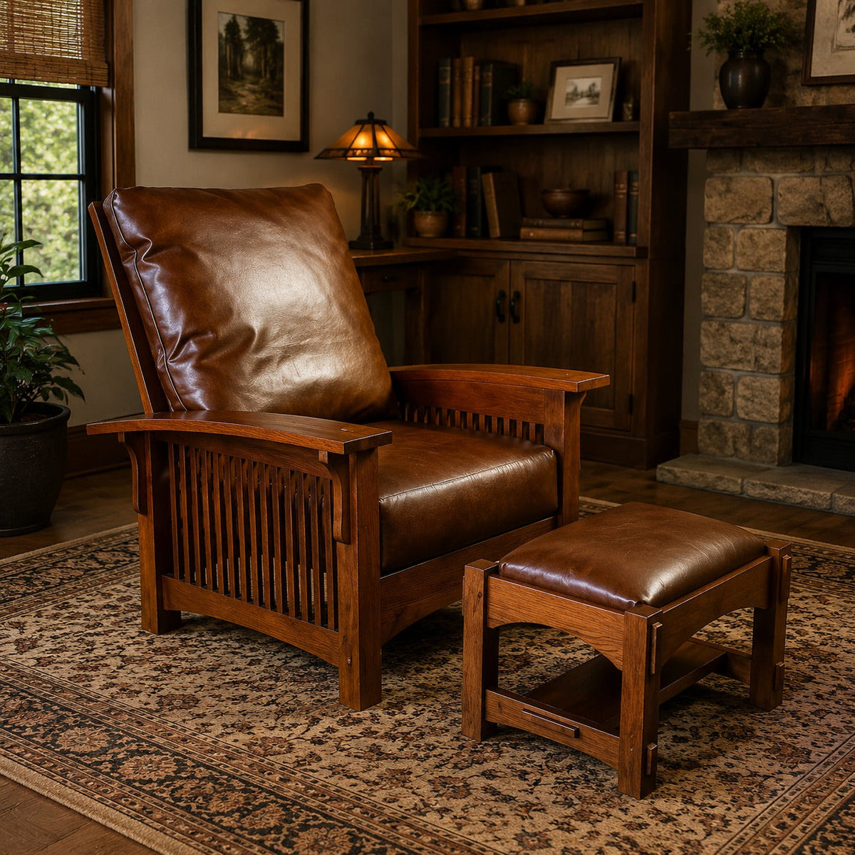 Chestnut arm chair with brown leather-look seat, matching ottoman stool set