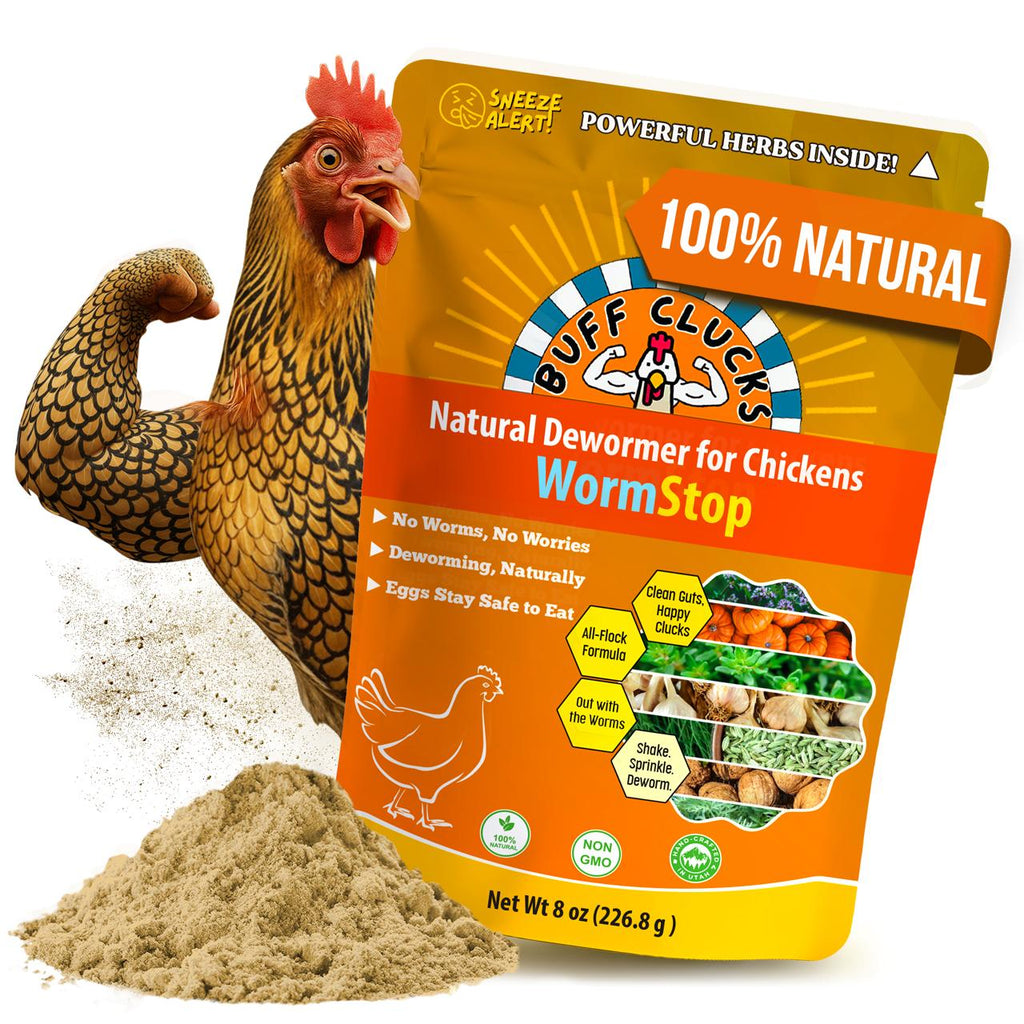 WormStop natural dewormer pouch with herbal powder for chickens and scramble alert label
