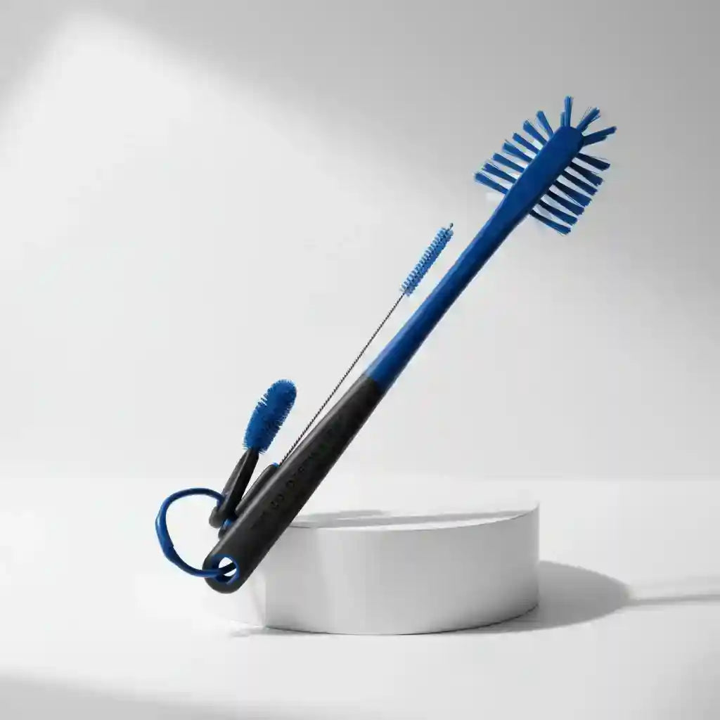 3-in-1 water bottle brush with blue bristles, black handle, and hanging loop