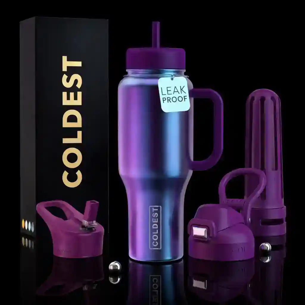 COLDEST 36oz insulated tumbler with leak-proof lid, purple ombre finish, metal straw.