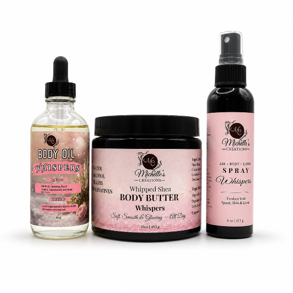 Body oil, whipped shea body butter, and body mist spray set—Whispers