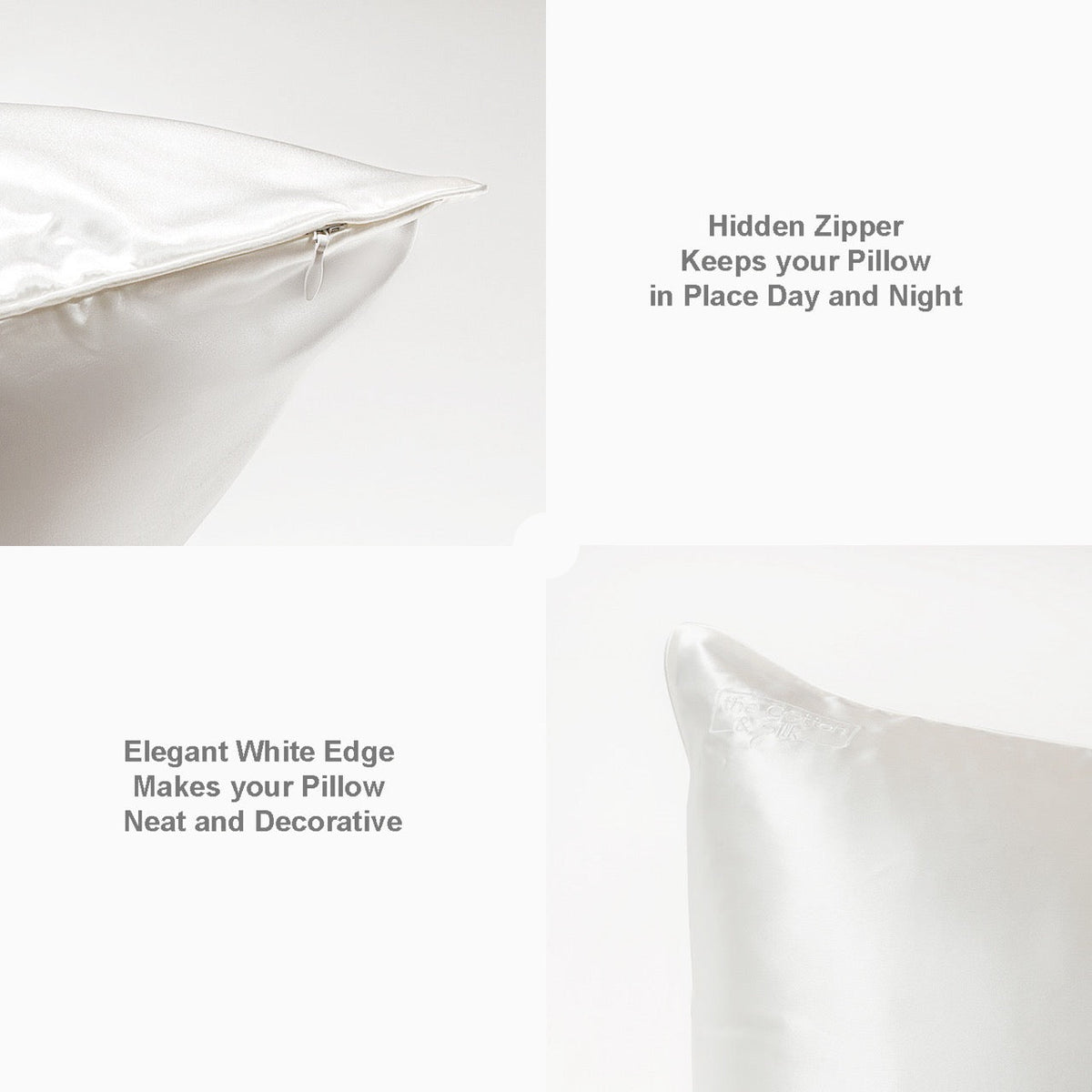White mulberry silk pillowcase with concealed zipper and neatly stitched edge