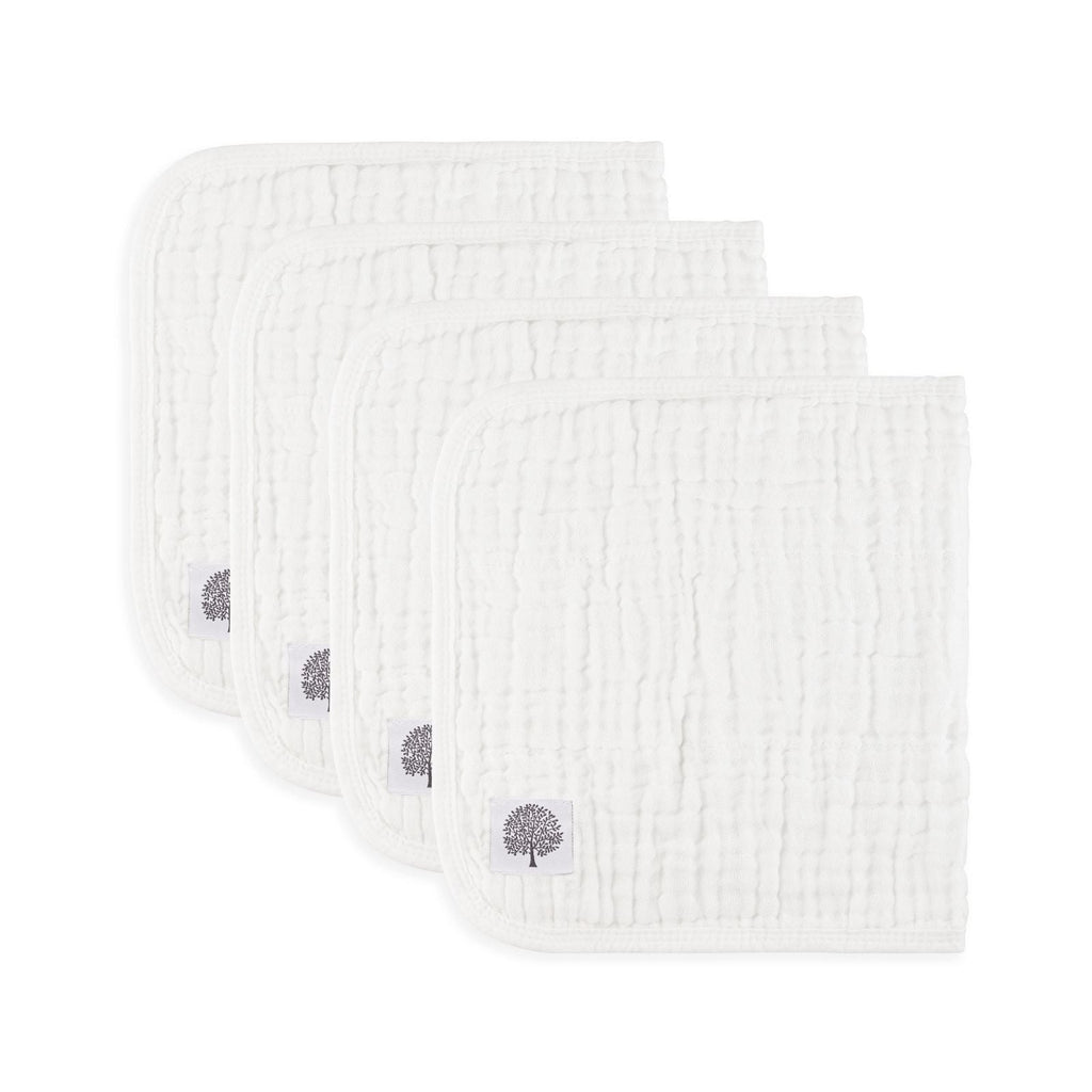 4-pack white muslin burp cloths with tree patch, square textured weave