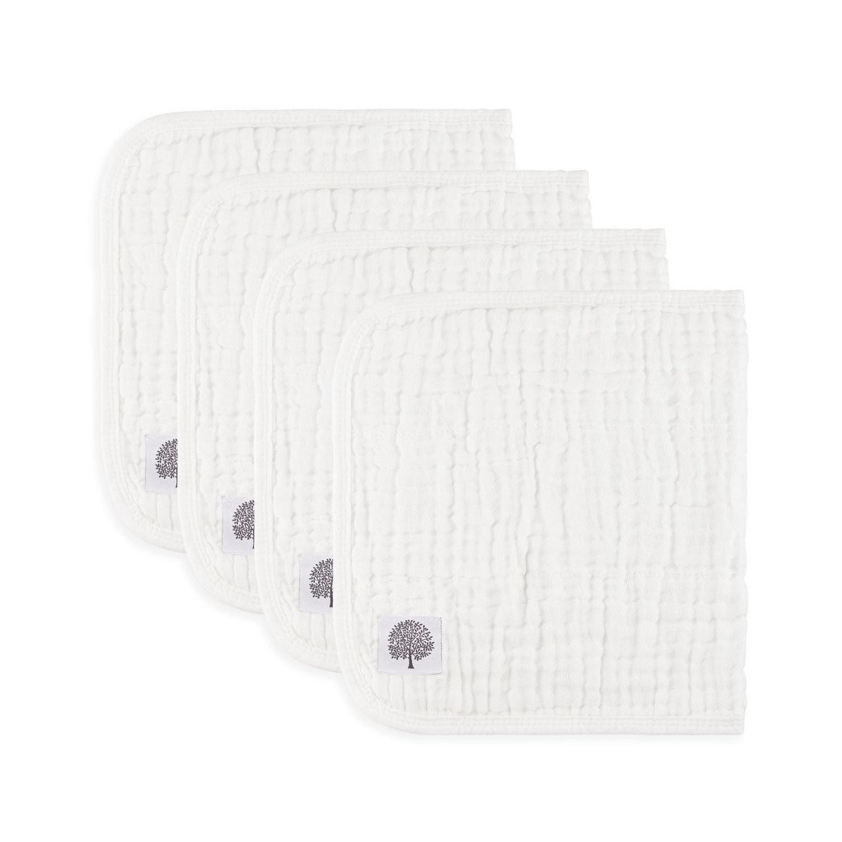 4-pack white muslin burp cloths with tree patch, square textured weave