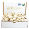 White onion sets in an open cardboard box, showing small pale bulbs with roots.