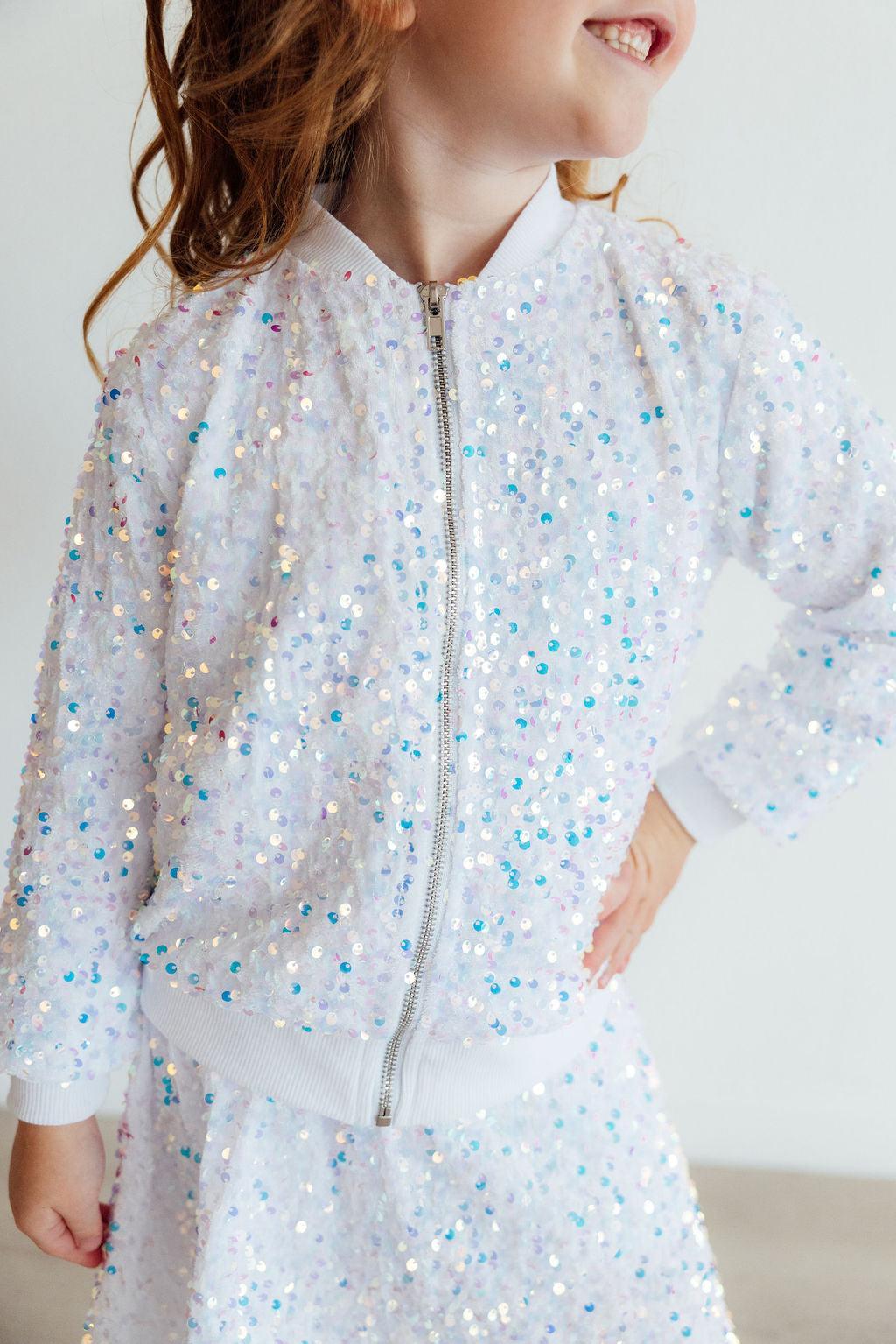 White sequined velvet jacket with full front zipper and long sleeves