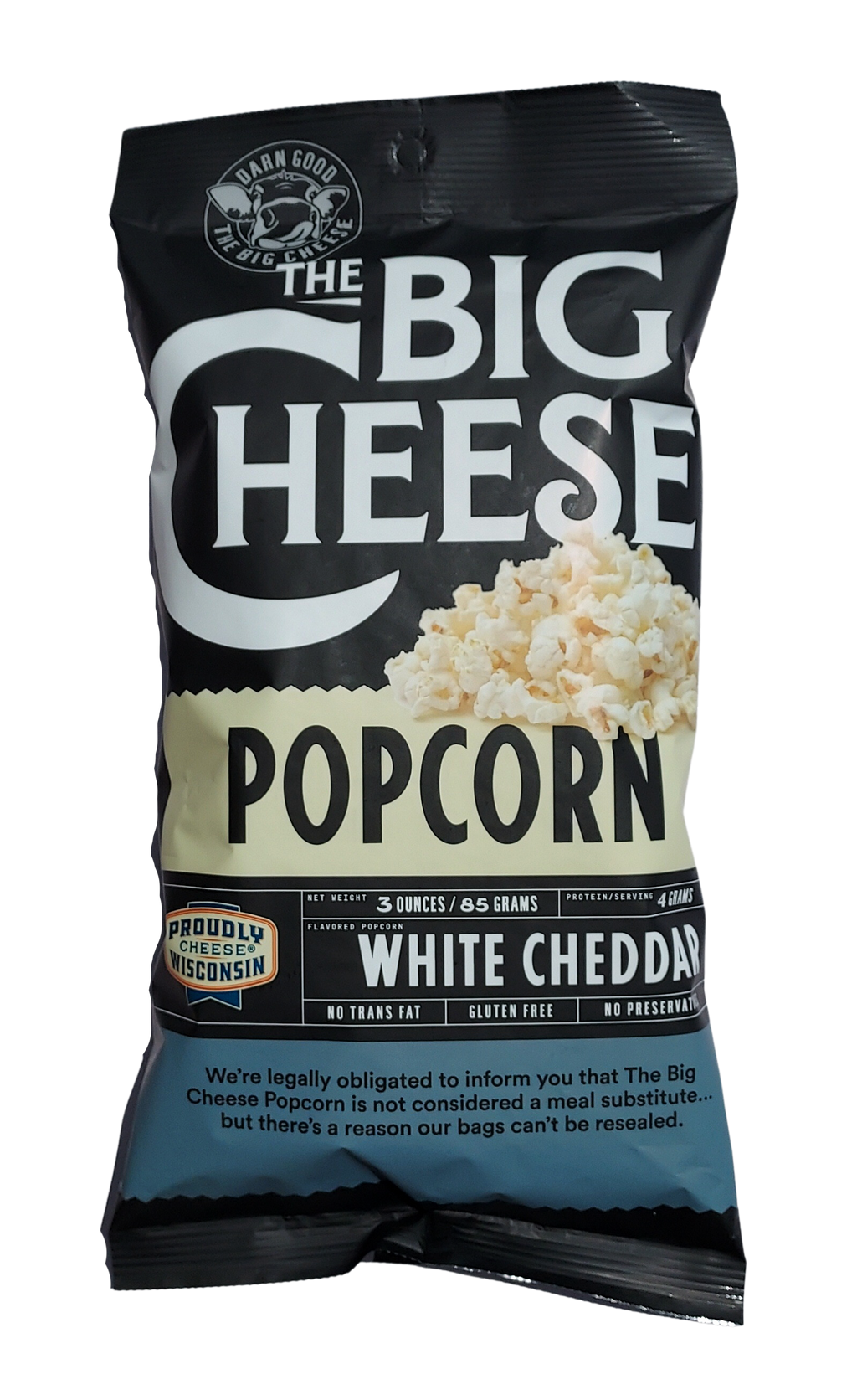 White cheddar popcorn bag, black Big Cheese package with visible popcorn kernels