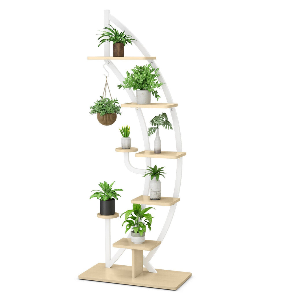 White metal 6-tier potted plant stand with curved frame and angled shelves