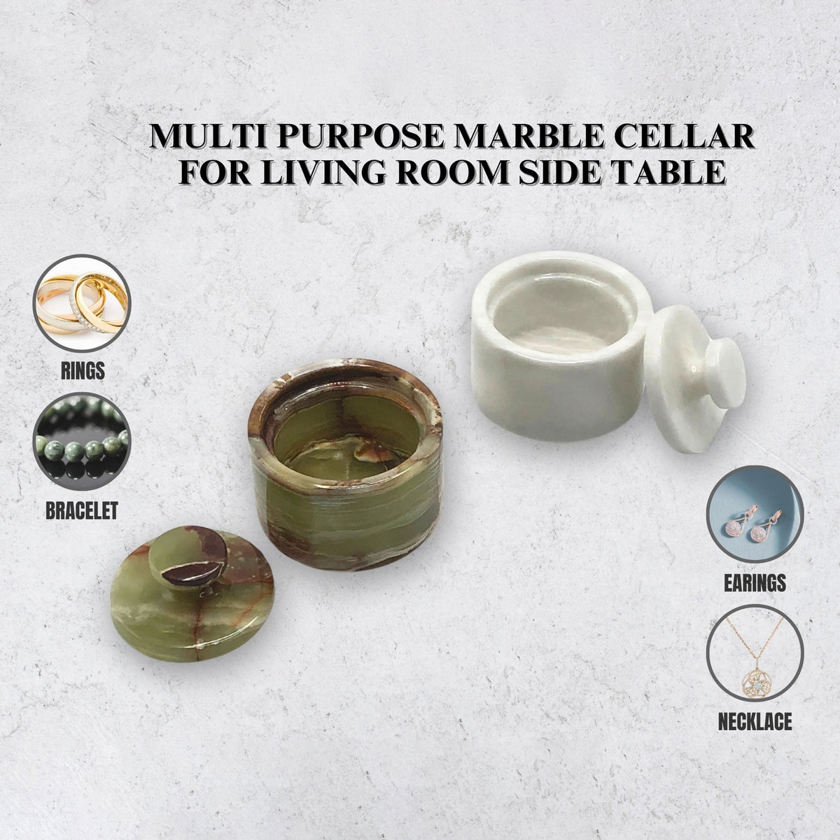 Two lidded marble salt cellars, white and green swirled stone with knob lids