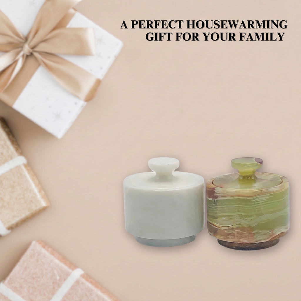 Marble salt cellar set of 2 with lids in white and green, near gift wrap