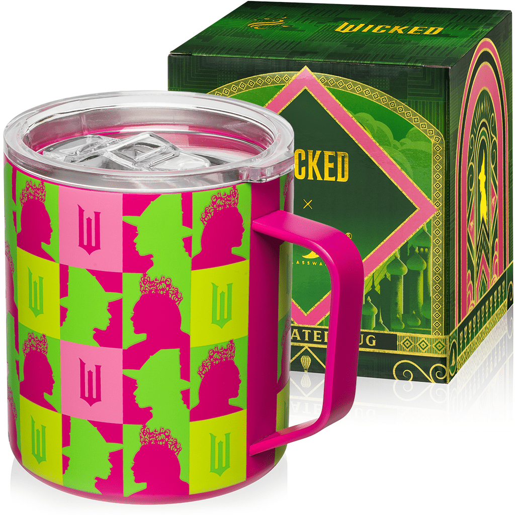Pink and green graphic stainless steel camp mug with clear sip-through lid