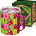 Pink and green graphic stainless steel camp mug with clear sip-through lid