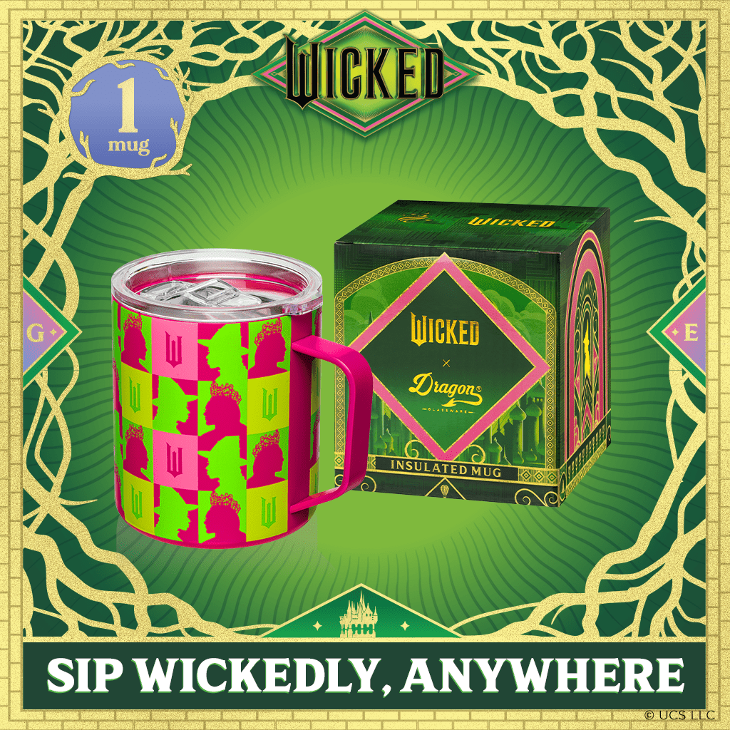 Pink and green patterned stainless steel mug with handle and clear sip-through lid