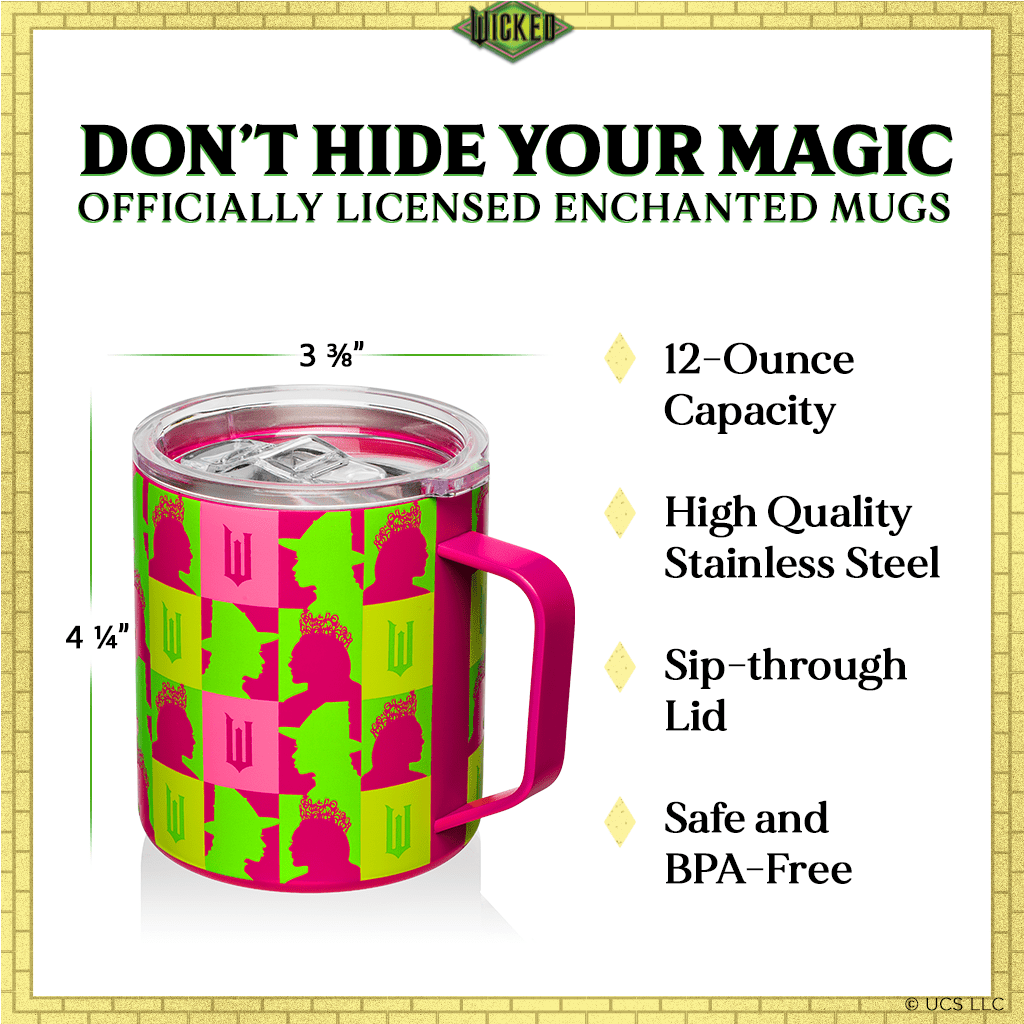 Pink and green graphic stainless steel mug with clear lid, shown with size callout