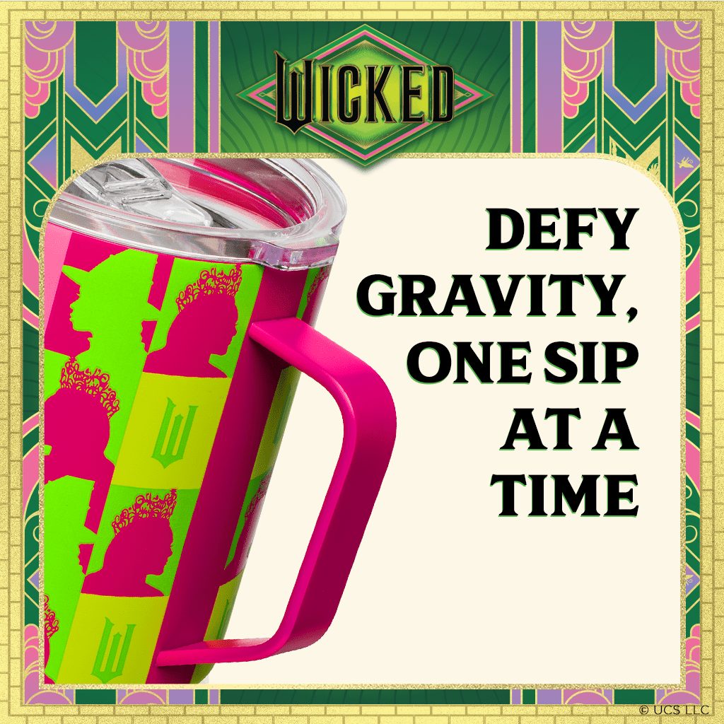 Pink and green graphic stainless steel camp mug with curved handle and clear lid