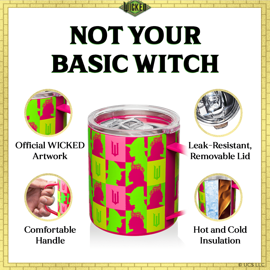 Pink and green patterned stainless steel mug with leak-resistant removable clear lid