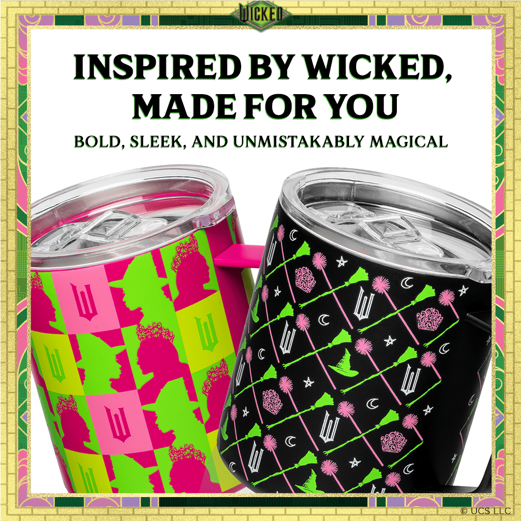 Set of two stainless steel mugs: pink-green graphic and black with neon-themed pattern