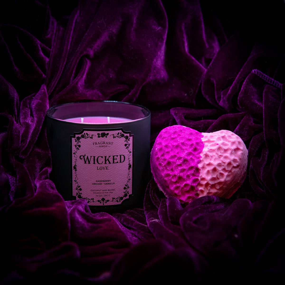 Black jewel candle jar with Wicked Love label and pink heart wax