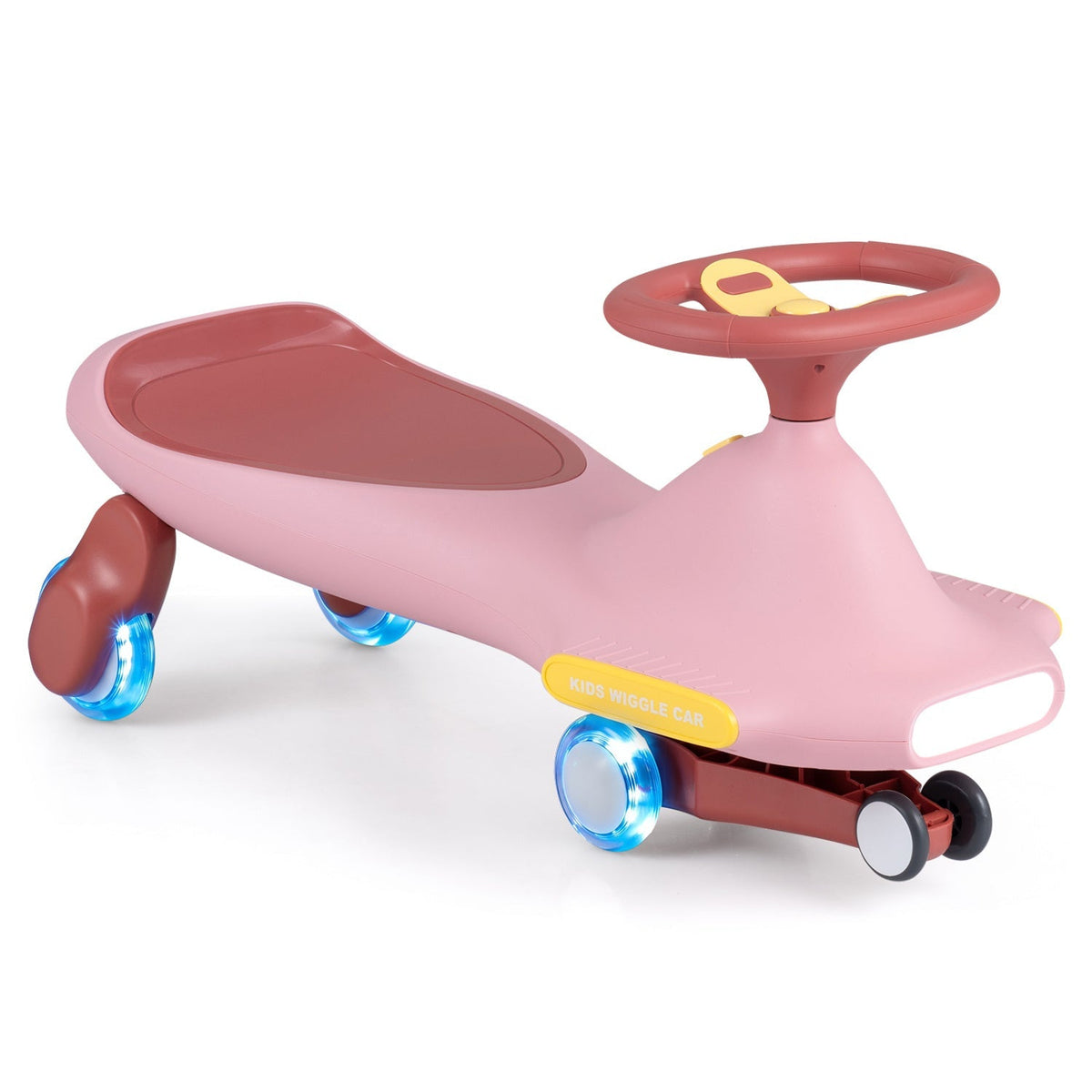 Kids wiggle car with pink body, blue LED wheels, and red steering wheel
