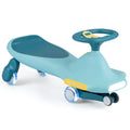 Kids wiggle car with light-blue body, blue LED wheels, and steering wheel