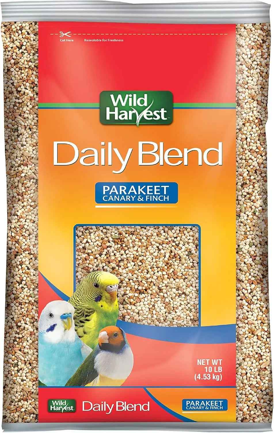 Wild Harvest Daily Blend parakeet and finch food bag with a clear seed window