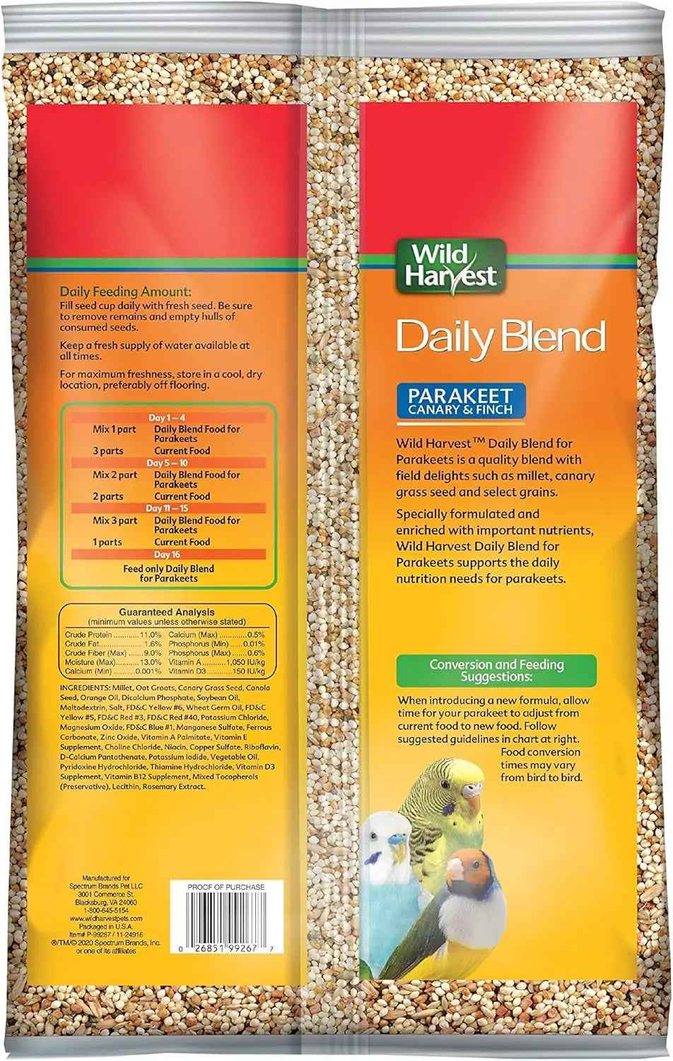 Wild Harvest Daily Blend bird food bag, showing feeding directions and product details on back