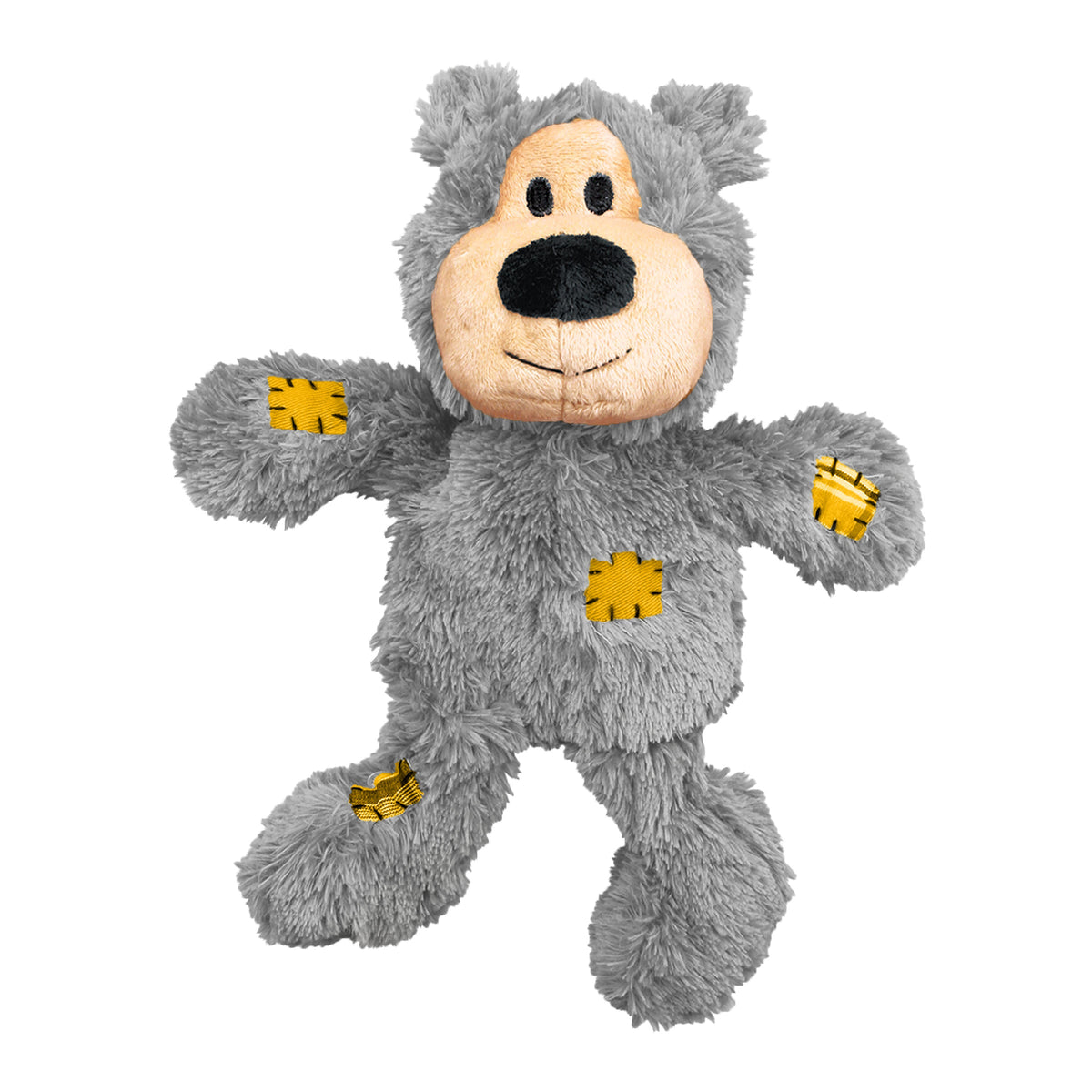 Gray plush bear dog toy with yellow knot rope details on paws