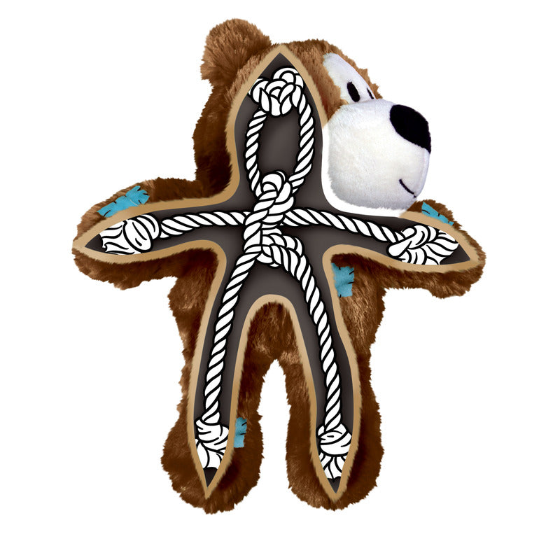 Brown plush bear dog toy with white rope knot cross on belly