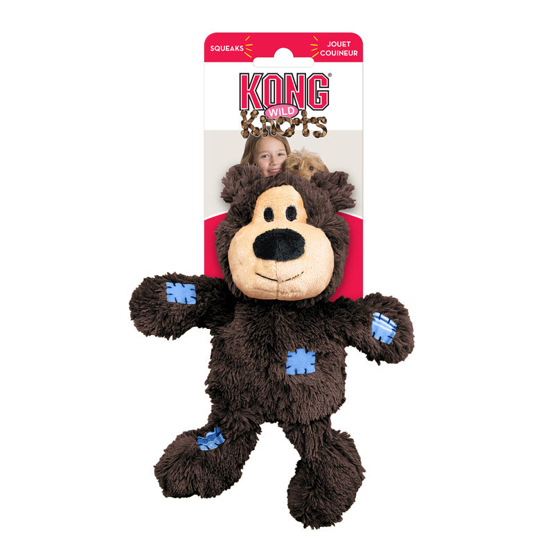 Black plush bear dog toy with tan face and blue rope knot details