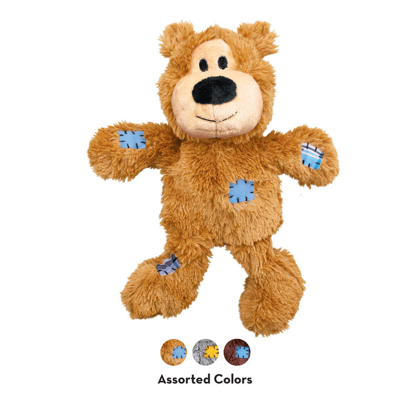 Orange-brown plush bear dog toy with blue rope knot patches on paws