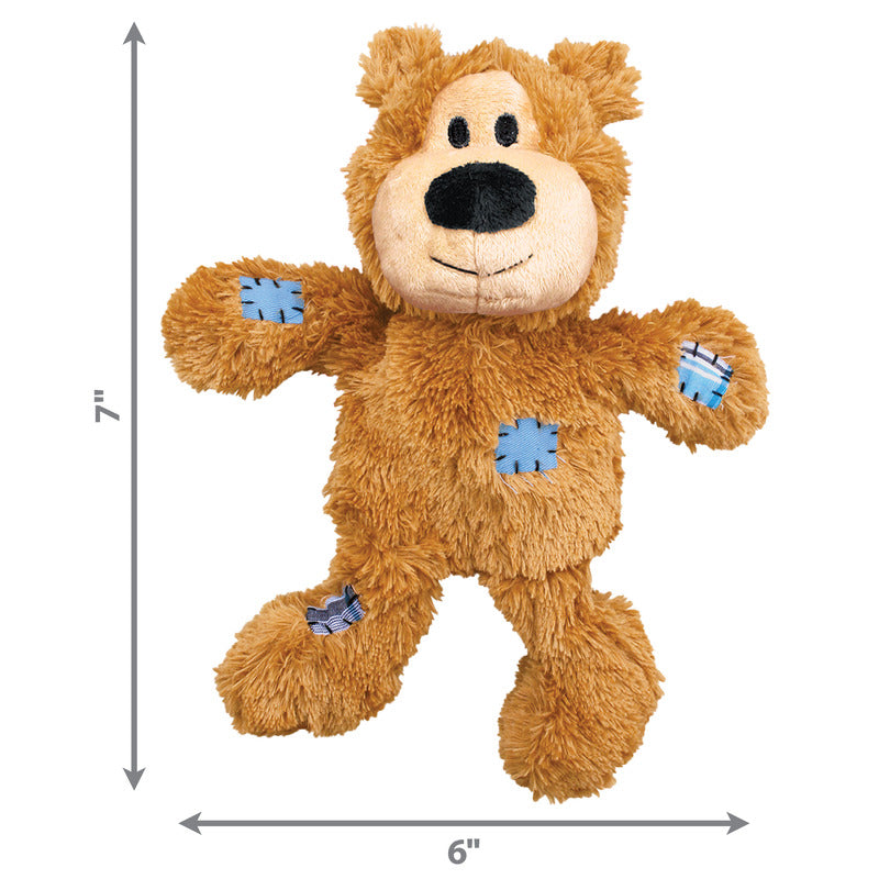 Orange-brown plush bear dog toy, blue rope knot patches; 6 in size