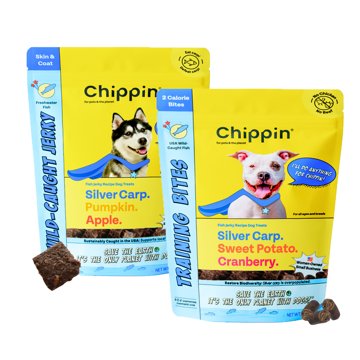 Two yellow dog treat pouches with small brown treat pieces, blue and orange flavor accents.