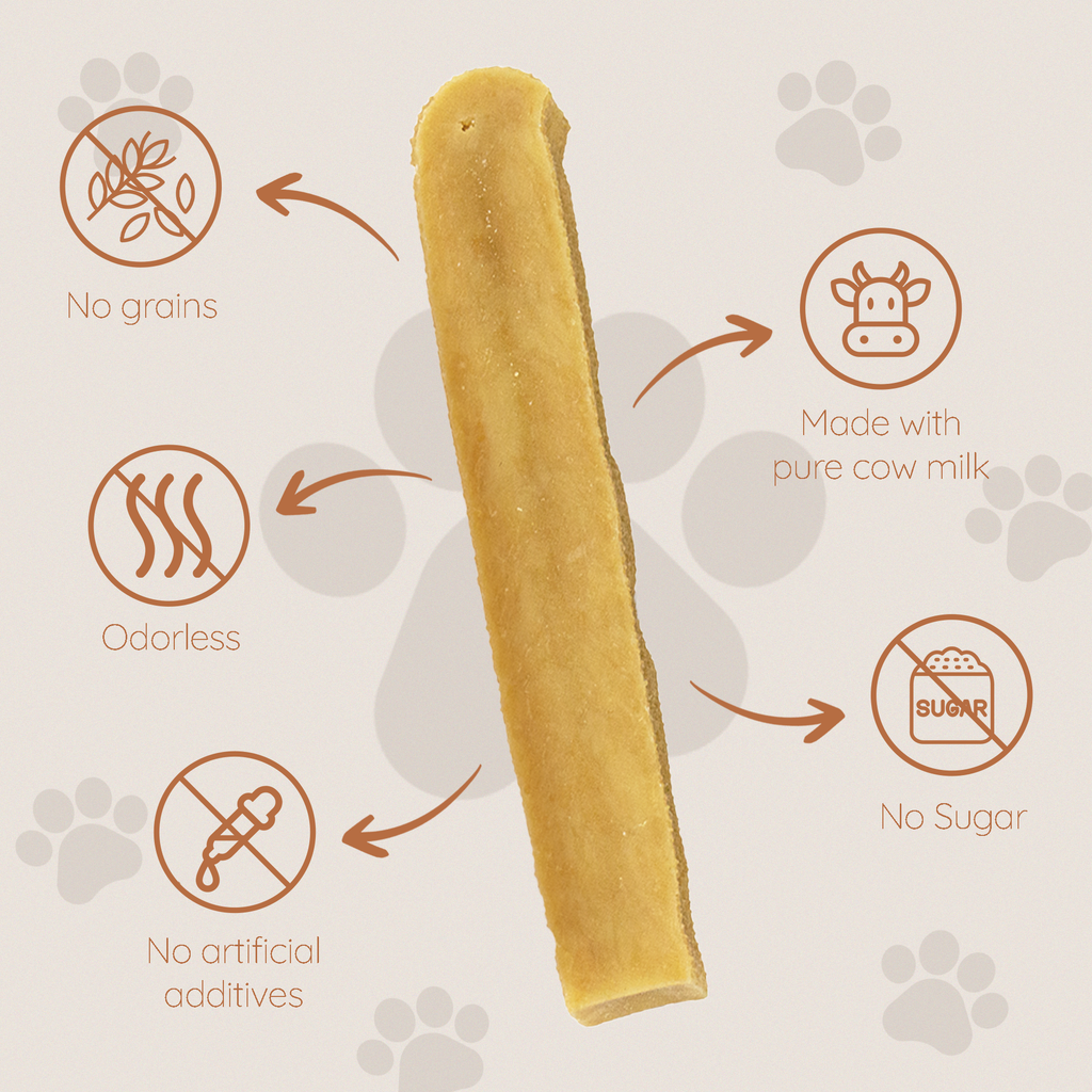 Yak cheese chew stick with no grains and no sugar feature icons