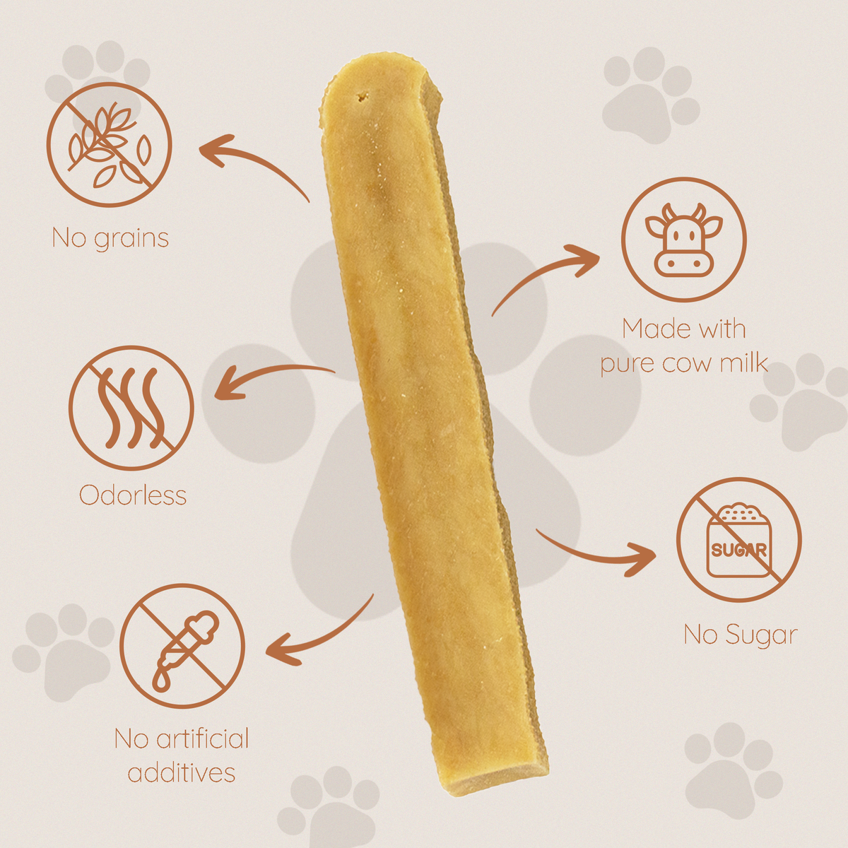 Yak cheese chew stick with no grains and no sugar feature icons