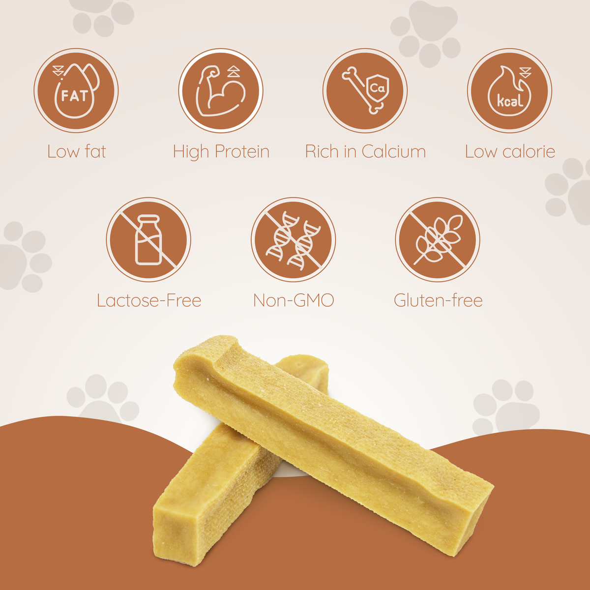 Yak cheese chew sticks with low-fat, high-protein, gluten-free icons