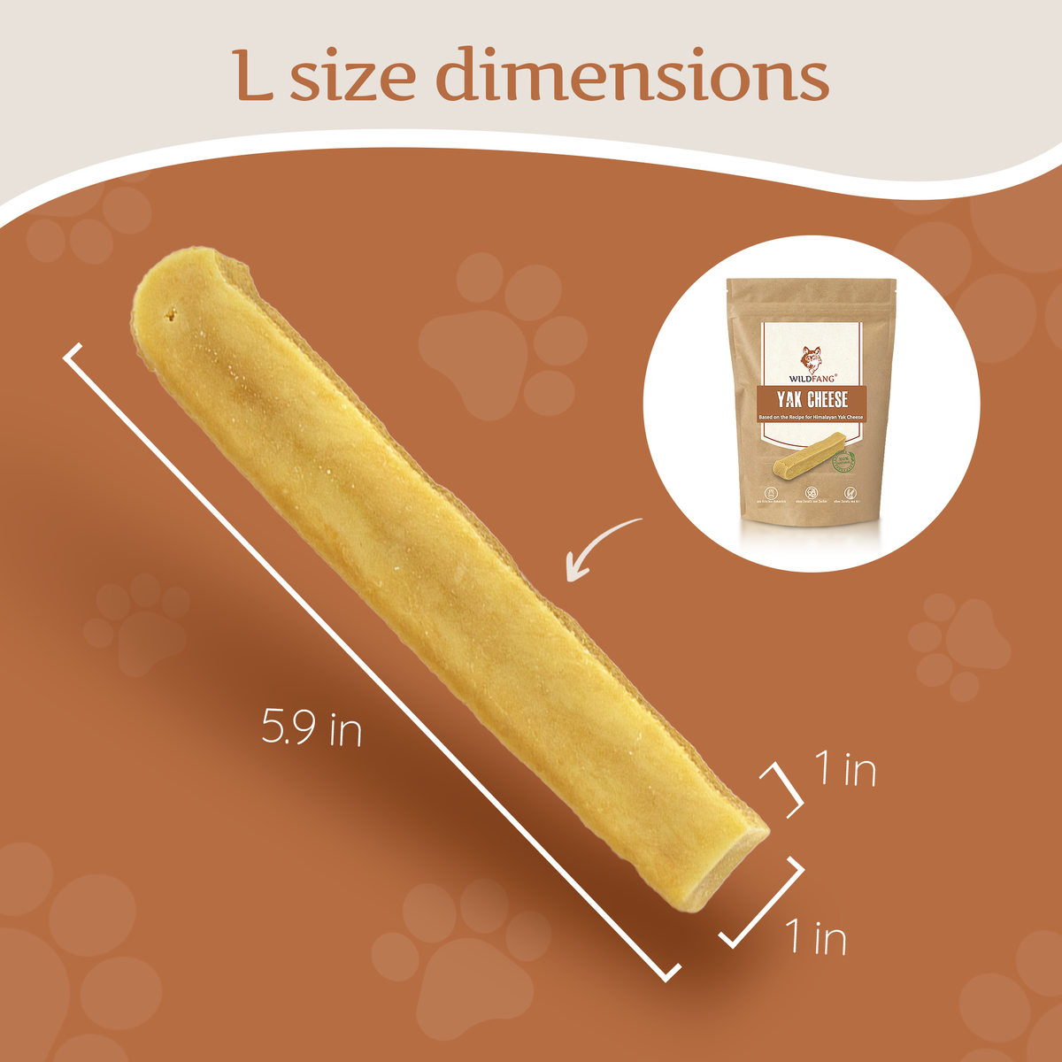 Yak cheese chew stick with 5.9 in length and 1 in width shown