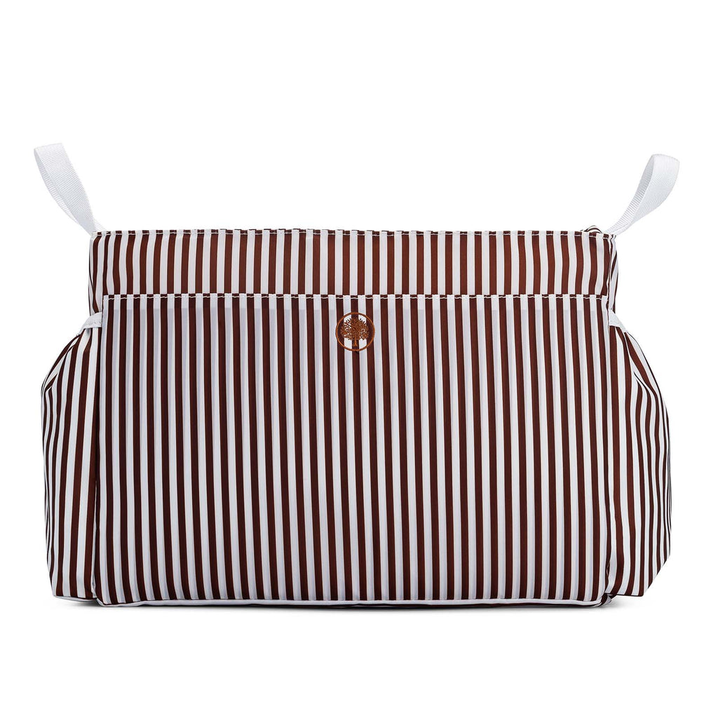 Brown-and-white striped tote bag with top zipper and front logo medallion
