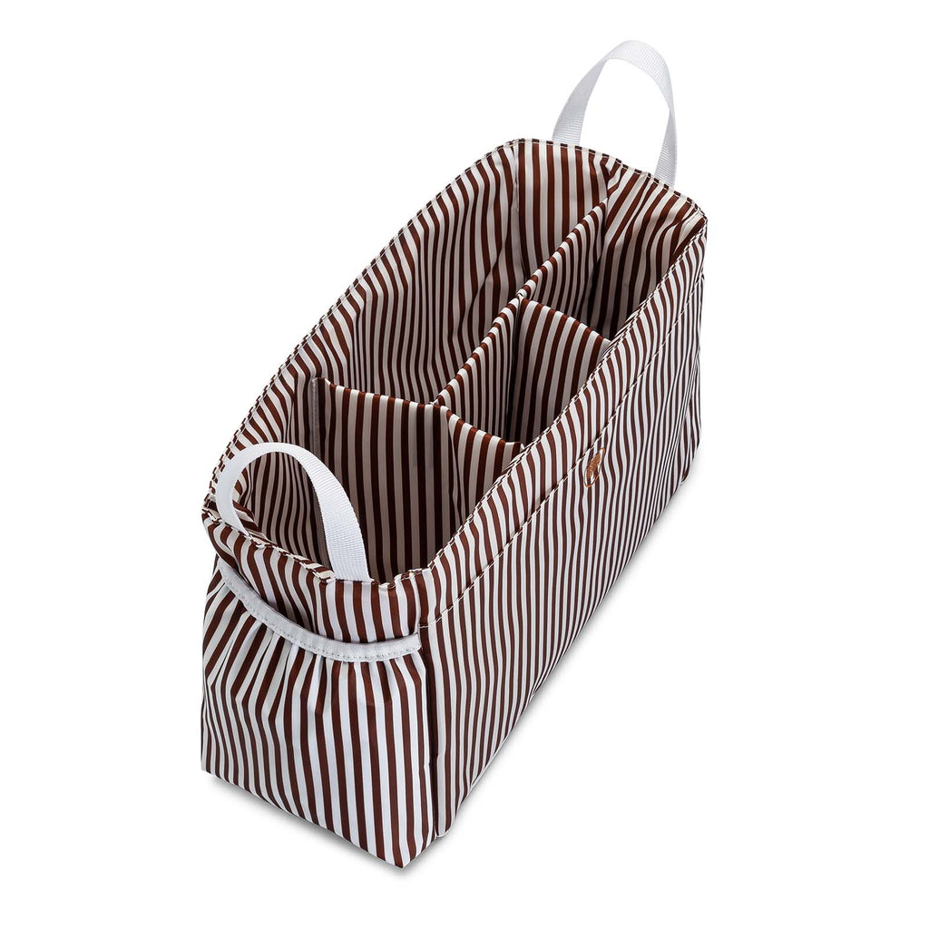 Brown-and-white striped tote bag with handles and fabric interior pocket