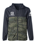 Rockwell windbreaker jacket with green camo panel and full zip, dark hooded