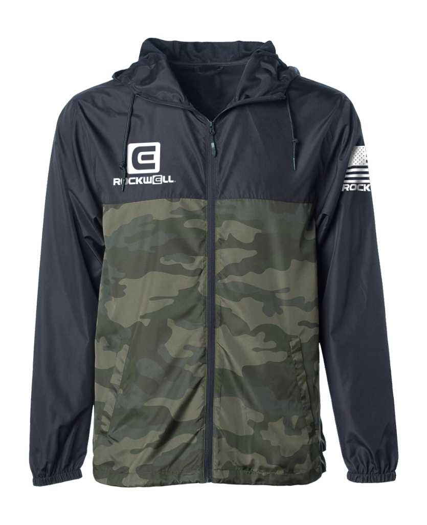 Rockwell windbreaker jacket with green camo panel and full zip, dark hooded