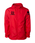 Red hooded windbreaker jacket with full zipper, logo on chest, drawstring hem