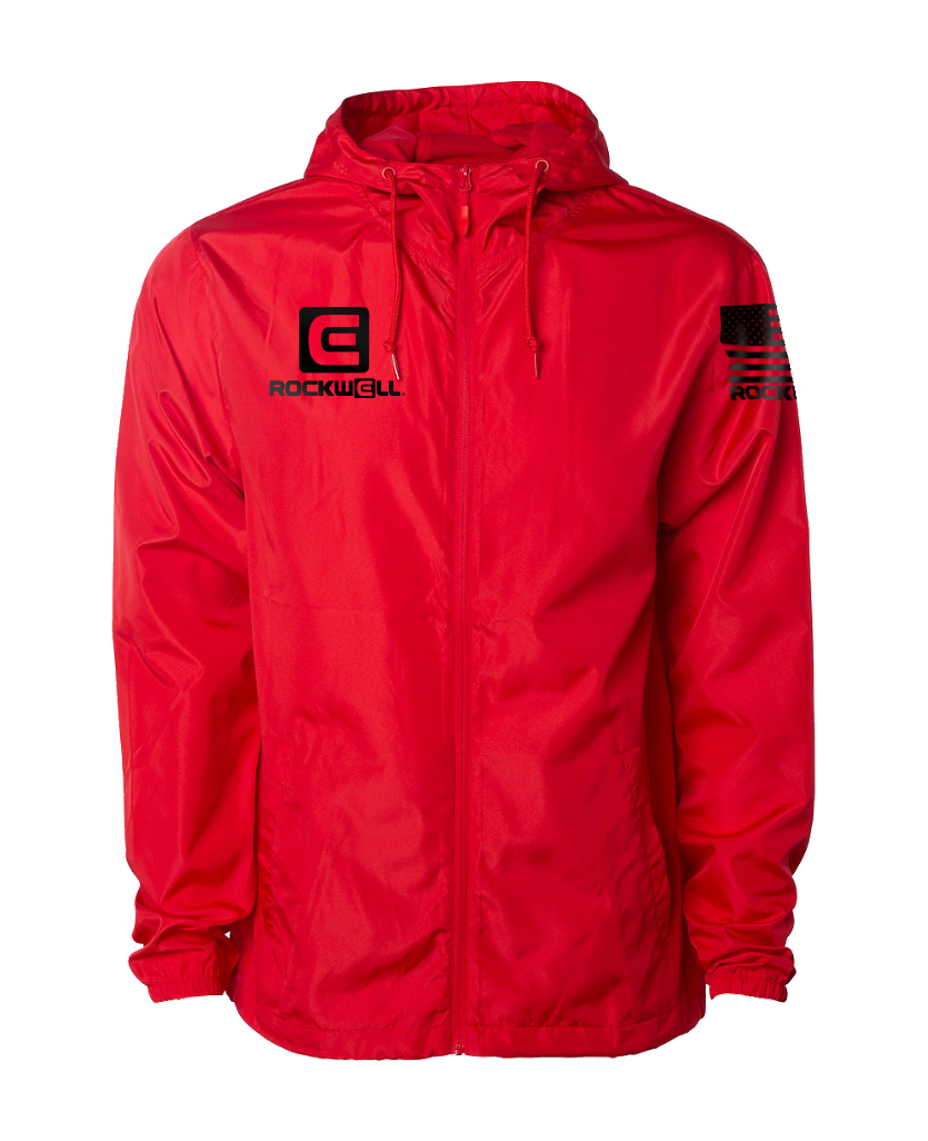 Red hooded windbreaker jacket with full zipper, logo on chest, drawstring hem