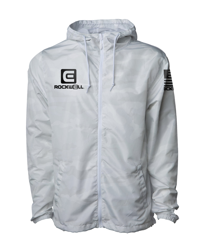 Rockwell white camo windbreaker jacket with hood, full-zip, drawstring and chest logo