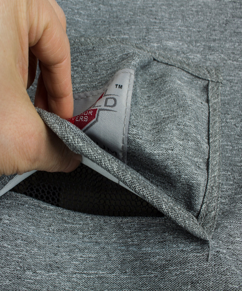 Gray cover corner with label inside and elastic strap detail at seam