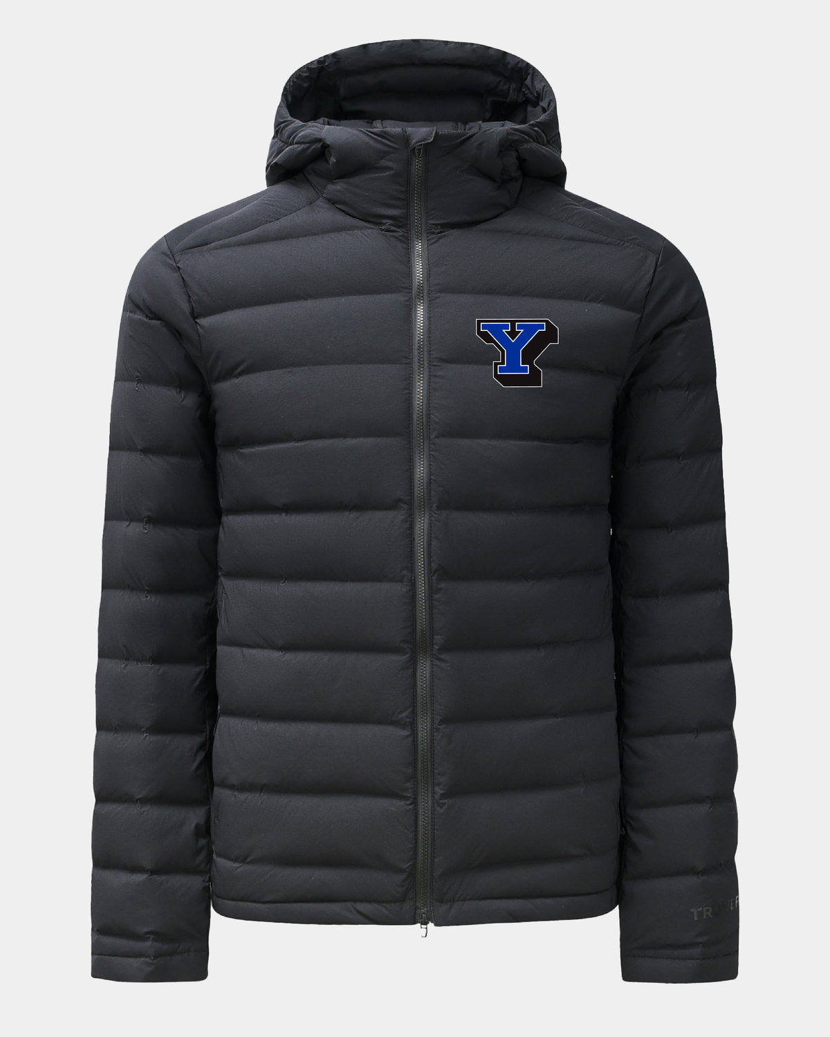 Black puffer down jacket with full-zip front, hood, and outlined BYU Y logo on chest