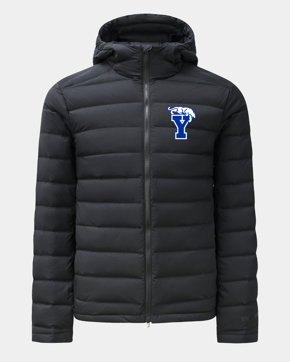 Black puffer down jacket with full-zip front, hood, and blue BYU Y logo on chest
