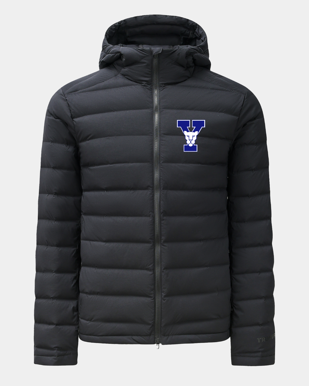 Black puffer down jacket with full-zip front, hood, and blue BYU B shield logo