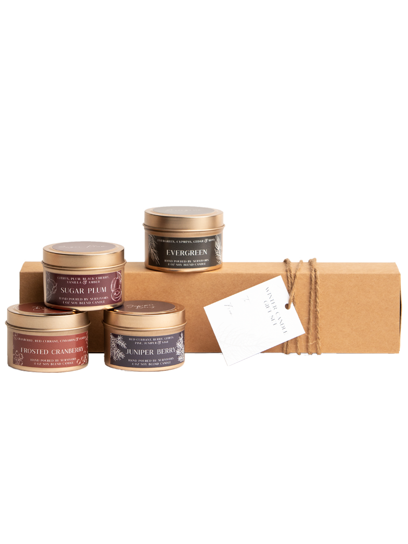 Winter candle gift set with four small tins and kraft box, includes price tag.