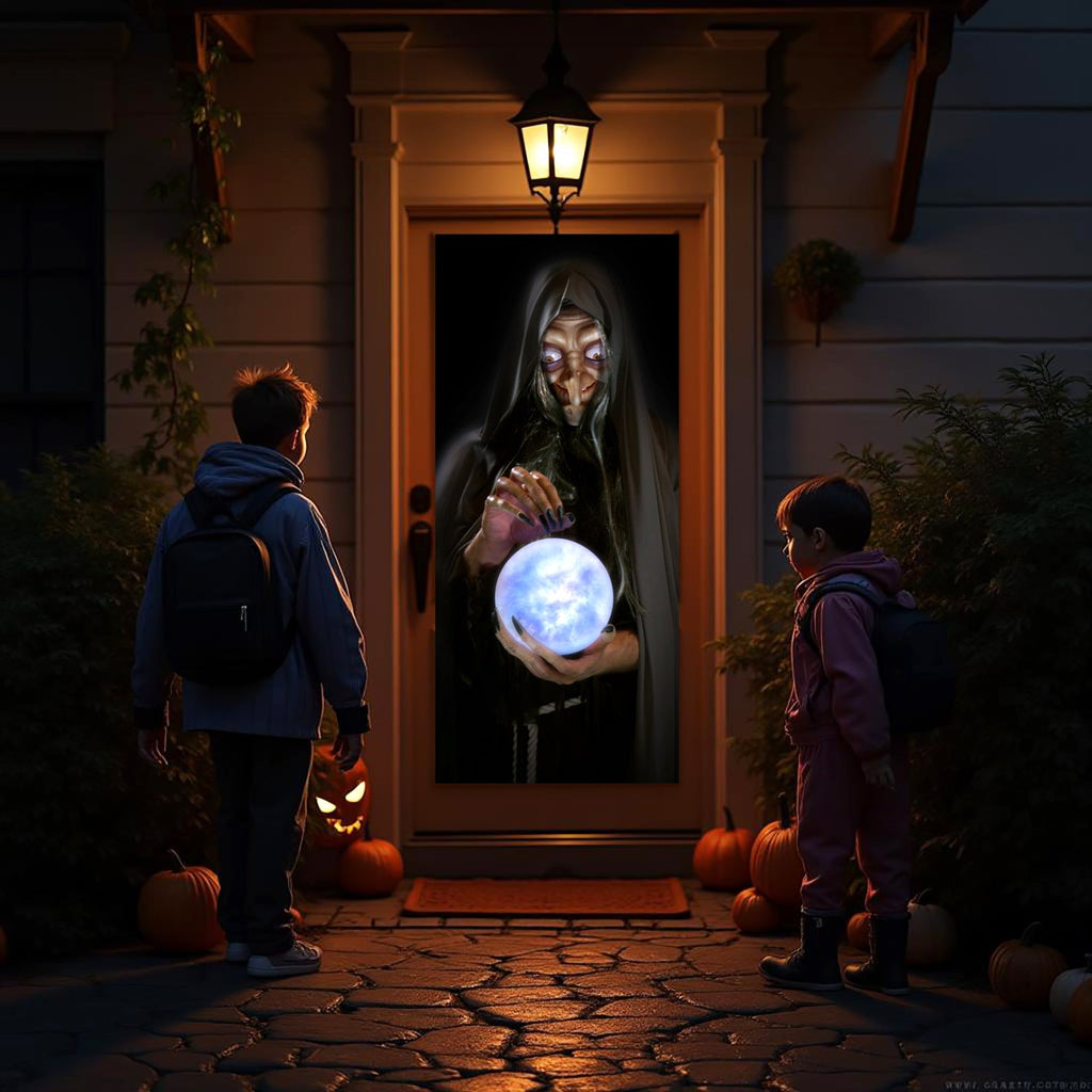 USB projector casting a glowing witch figure and moonlight light onto doorway