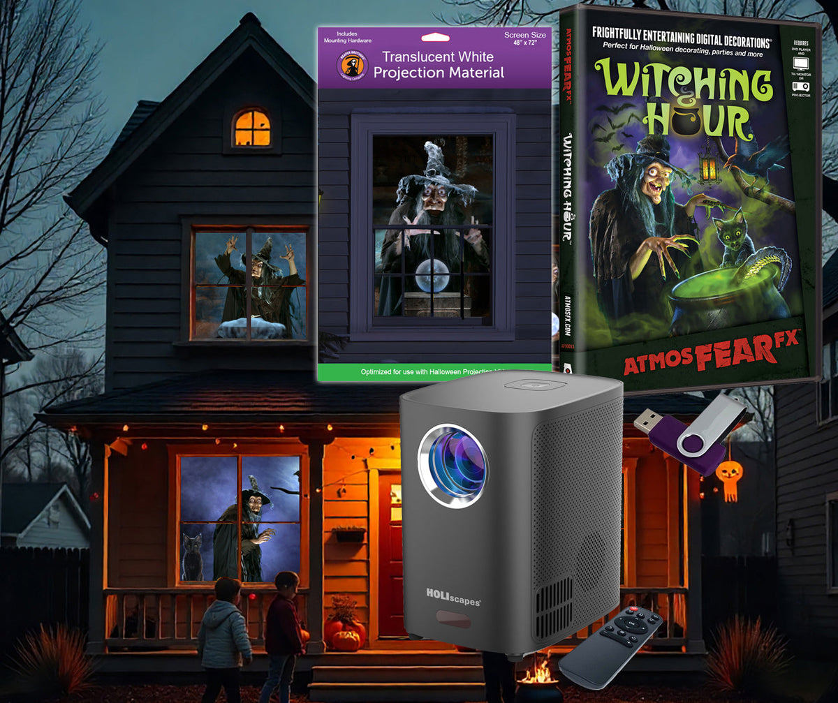 USB projector and projection screen kit with witch-themed display, including projector and remote